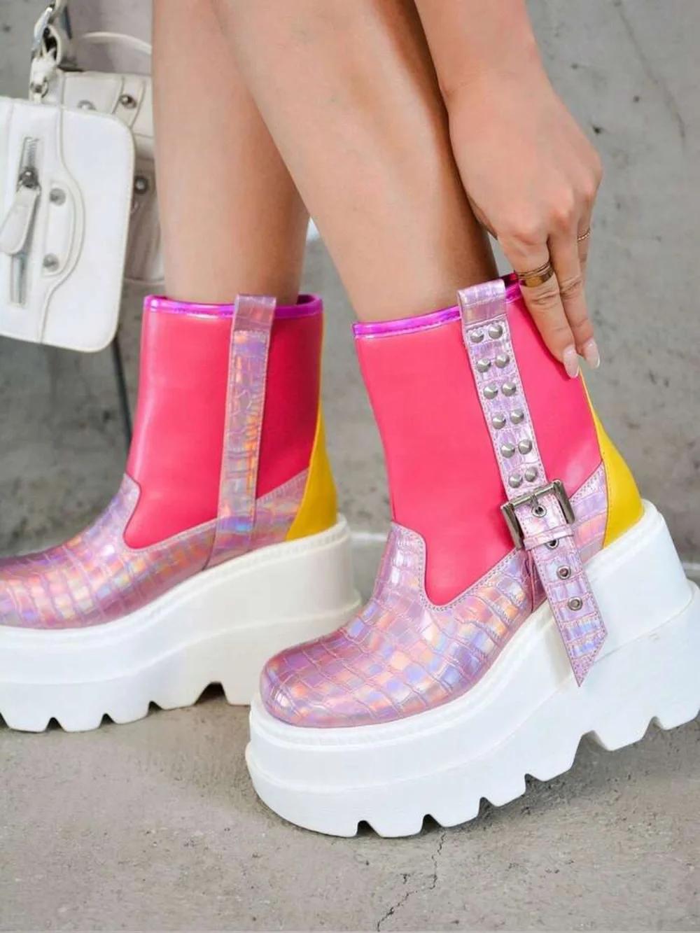 Cape Robbin Pink and Yellow Iridescent Platform Ankle Boots